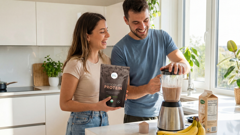 Smiling man and woman couple making a smoothie with MD Logic Health® Chocolate Protein
